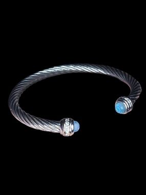 Vintage Designer-Style Silver-Tone Twisted Cable Cuff Bracelet with Faux Blue To